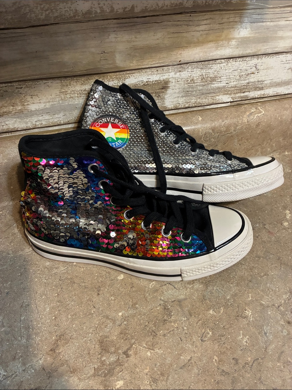 Converse High Top Size 6.5 Pride Sequin Sneakers in Multicolor and Silver
